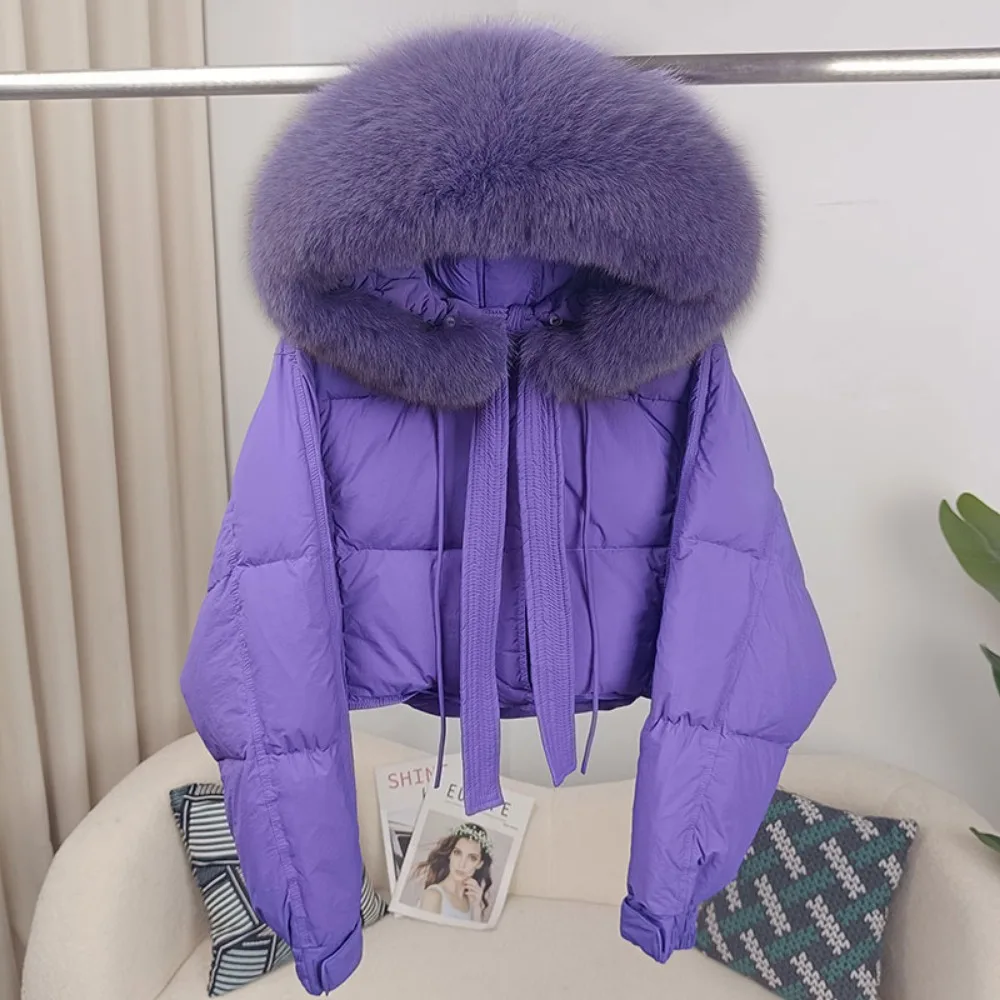 New Duck Down Loose Winter Jacket Women Real Fox Fur Raccoon Fur Collar Hooded Thick Warm Streetwear Outerwear Detachable