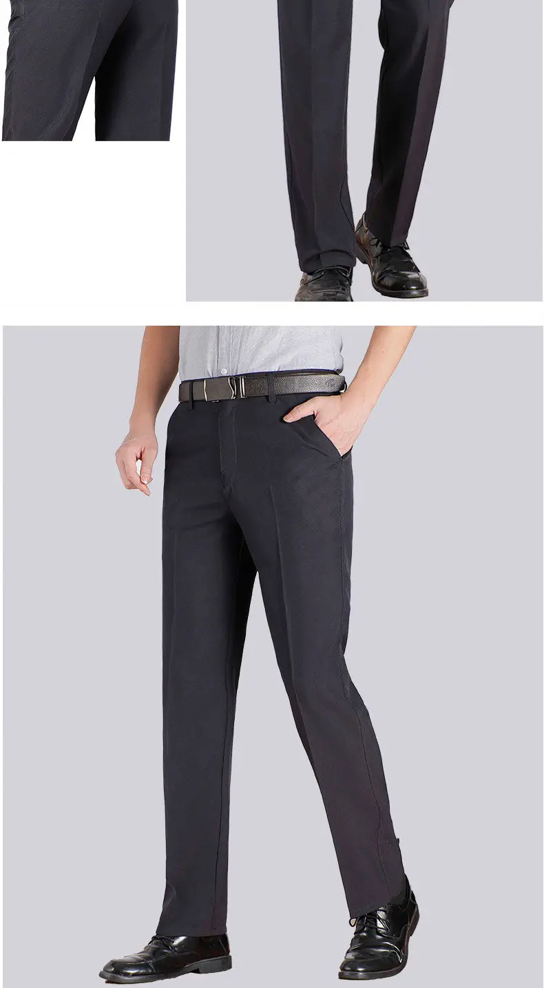Herren Business-Anzughose, Casual, Mittellange, Weiche, Gepflegte Marken-Arbeitshose, Gerade Passform, Schwarz/Grau, Große Größen 28-40 – Detail 10