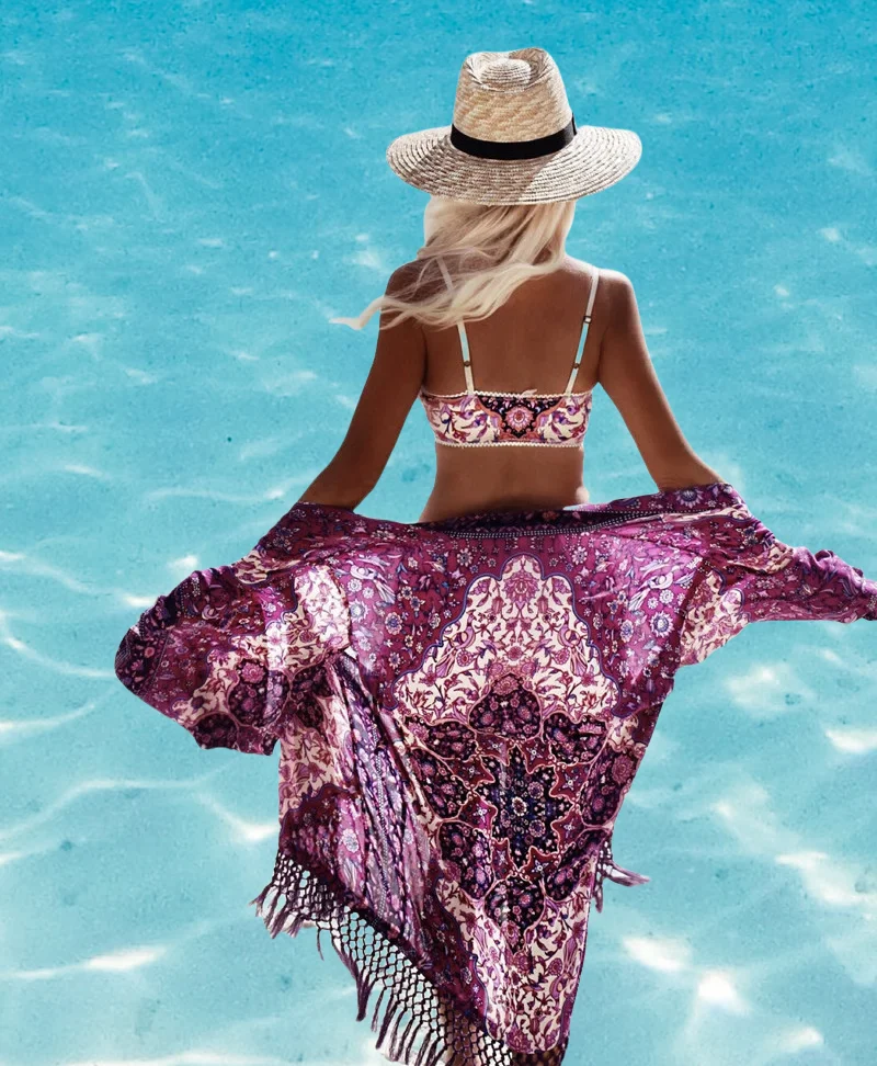 

Женское пляжное богемное платье макси с цветочным принтом Happie Queens, женское свободное шифоновое кимоно в стиле бохо с v-образным вырезом