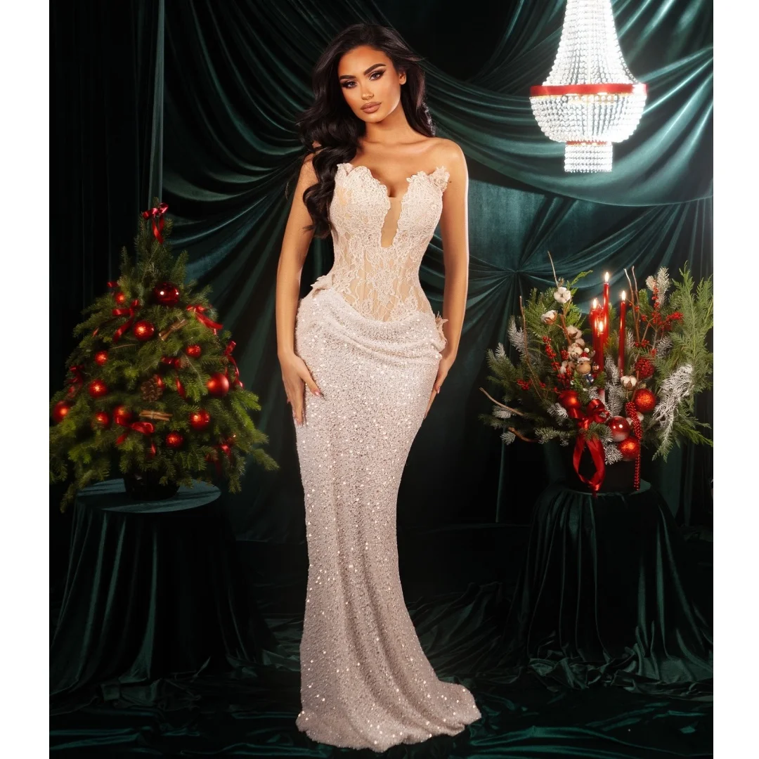 Exquisitos Vestidos de Noche de lentejuelas, escote en forma de corazón, corsé de encaje, Maxi vestido hasta el suelo, vestido de fiesta de boda, Vestidos de sirena personalizados