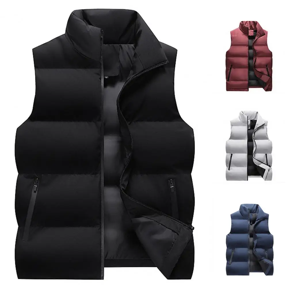 Men Waistcoat Winter Cotton Vest Thick Padded Windproof Sleeveless Neck Protection Zipper Pockets Cardigan Outdoor Outerwear