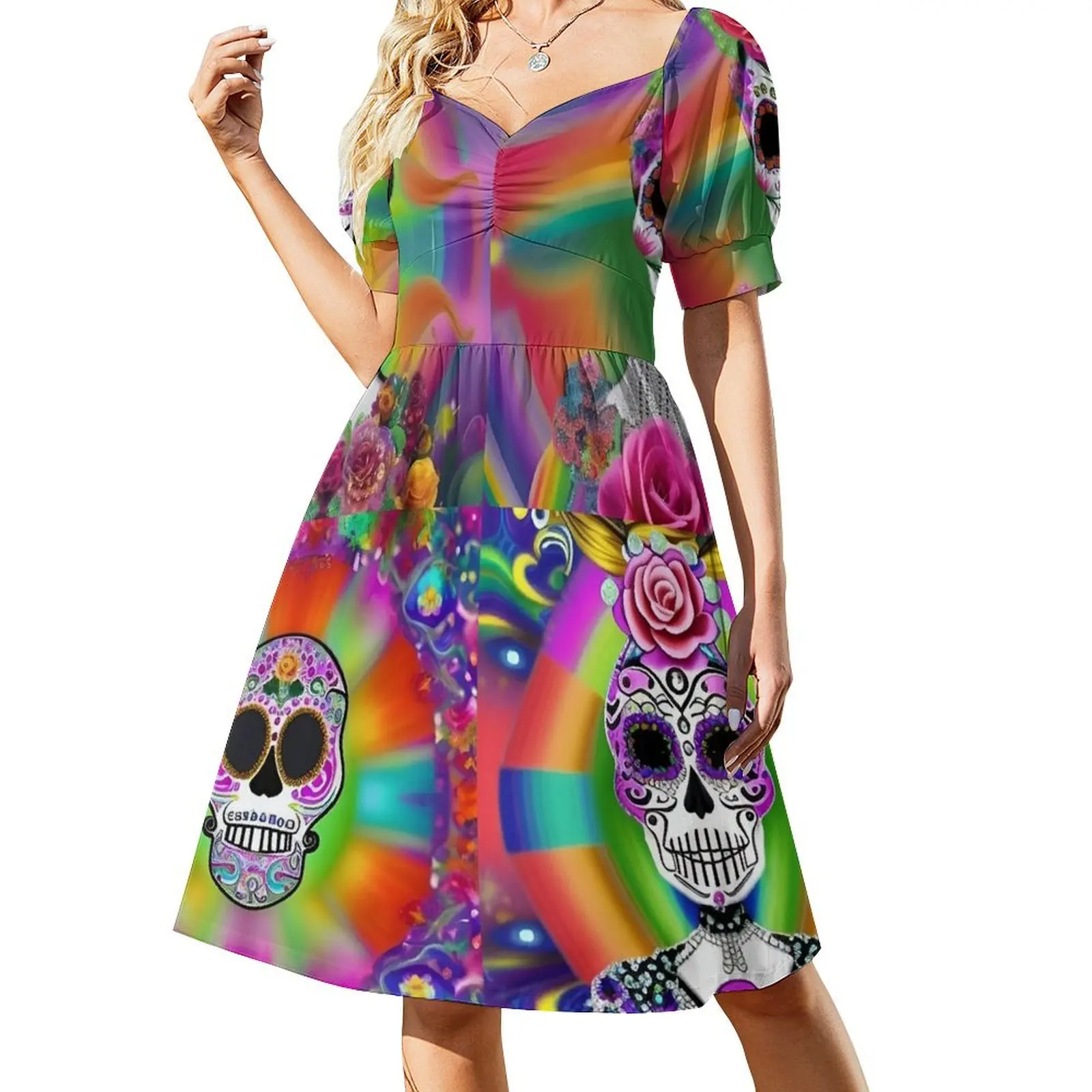

A kaleidoscopic Día de los Muertos (Day of the Dead) quartet! Short-Sleeved Dress woman dress Aesthetic clothing