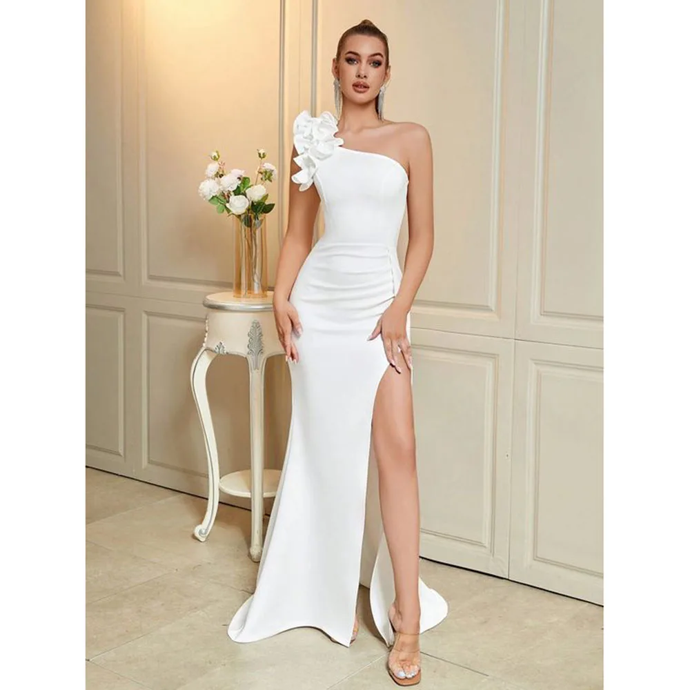 Simple Classic White Evening Party Dresses One Shoulder Collar Floor Length A-Line Sexy Side Split Slim Fit Female Prom Gowns