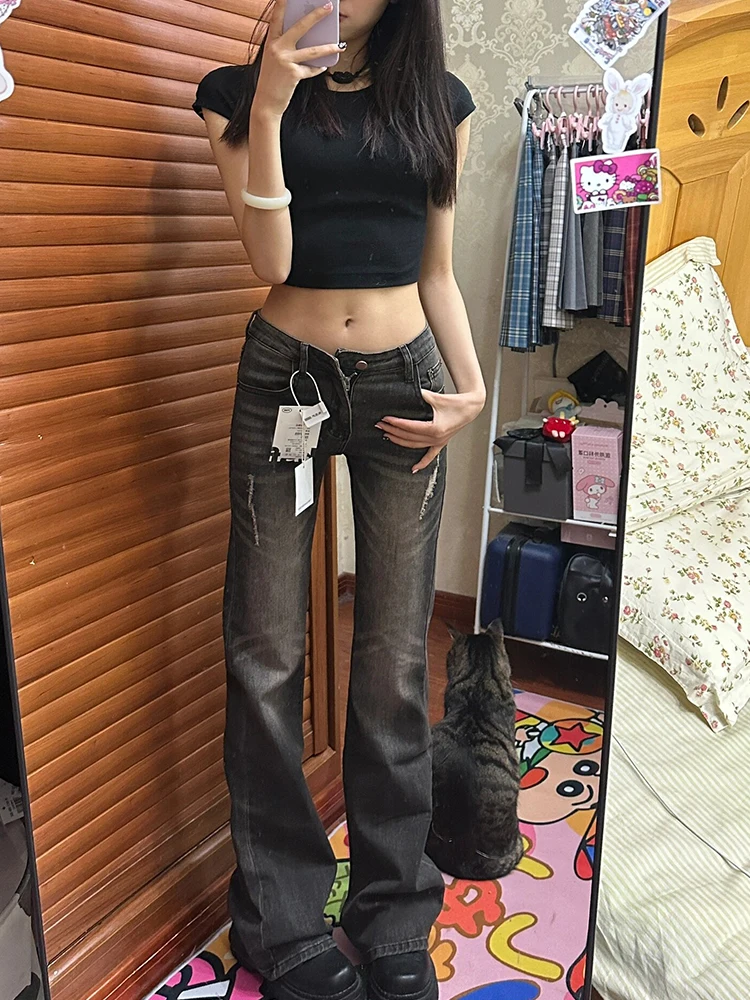 

2025 Autumn Winter Women Japanese 2000s Gyaru Kpop Skinny Ripped Denim Flare Pants Low Rise Jean Y2k Harajuku Bell Bottom New