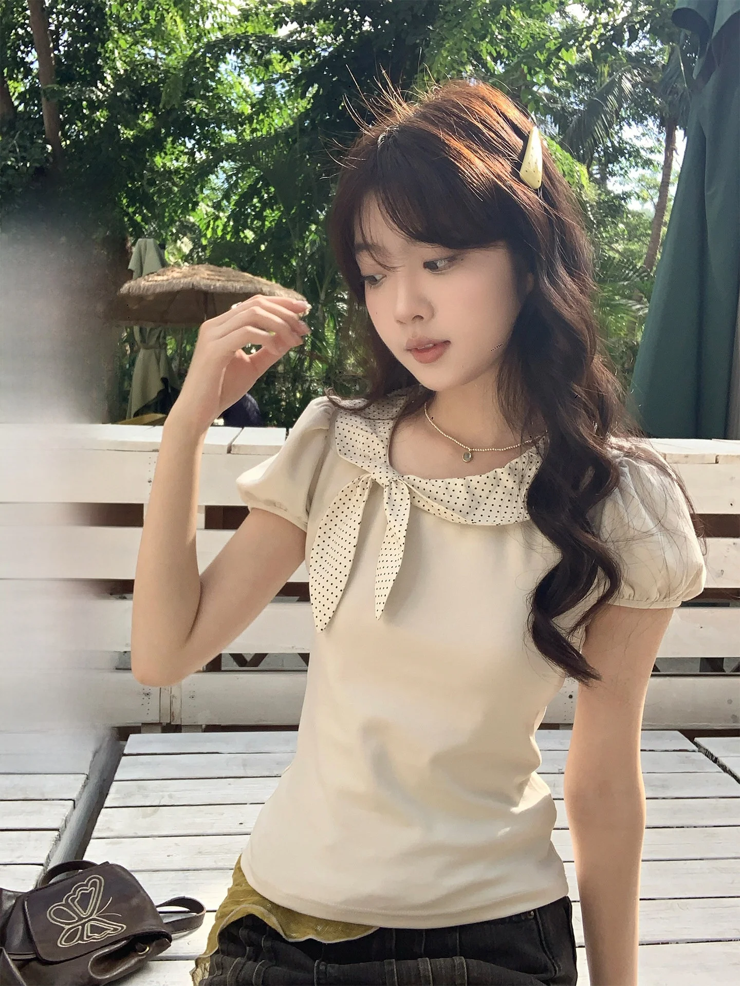 

Новинка! Женская футболка Holli Korean Style с поясом на завязках и принтом в горошек, весна 2026