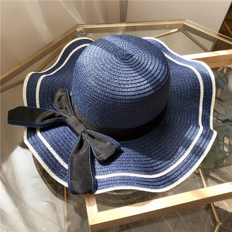 Big Brim Wave Black Edge Bow Solid Bucket Hat Straw Cap Women Girls Beach Hat Seaside Sunscreen Cap Cover Travel Holiday Sun Hat