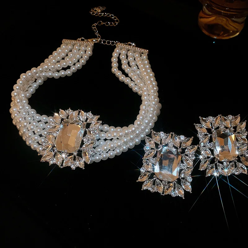 2 Pcs Rhinestones Square Leaf Multi-layer Necklaces Set