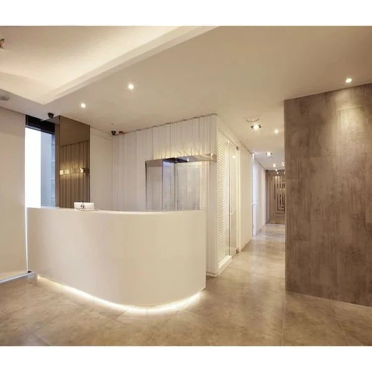 

Beautifully elegant white curved design Faux salon reception desk can be customized