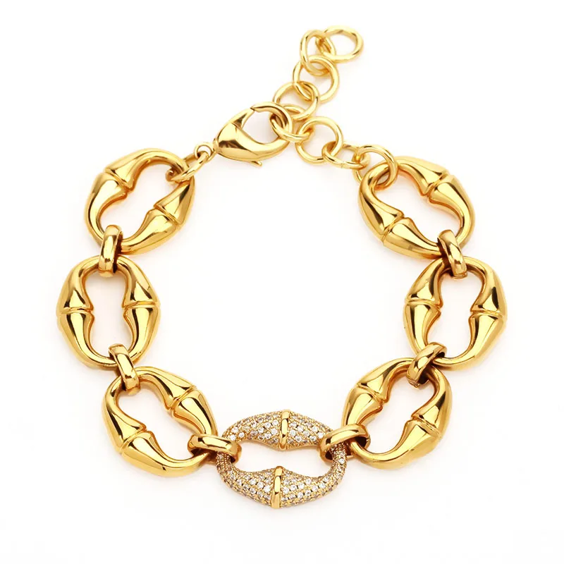 

Punk Bamboo Link Chain Bracelet Gold Plated Brass Cubic Zirconia Fashion Jewelry for Women