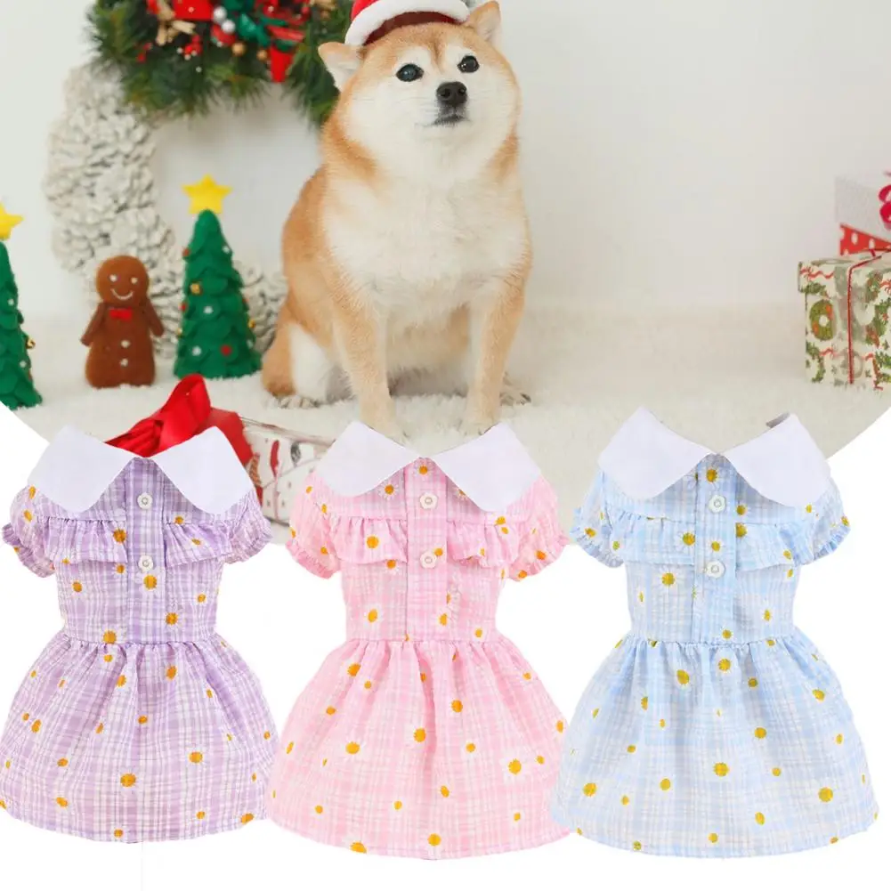 Turn Down Collar Pet Dress Short Sleeve Dress-up Pullover Plaid Floral Print Dog Skirt Summer Clothes Wedding Apparel Outdoor