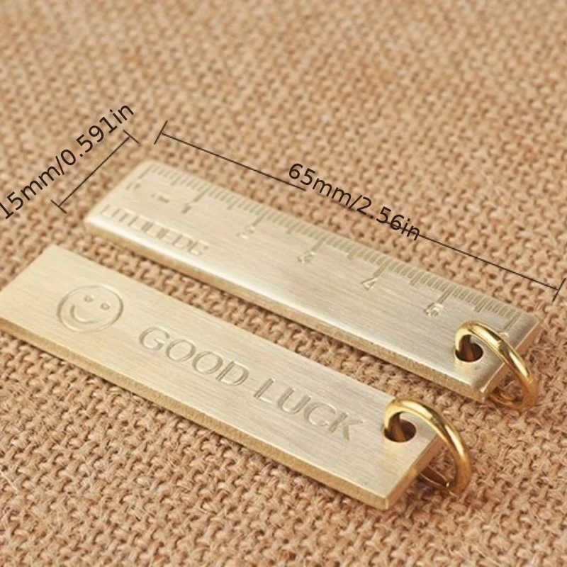 3pcs Thickened Miniature Pure Brass Metal Ruler With Keychain And Number Plate Pendant Happy Face Design