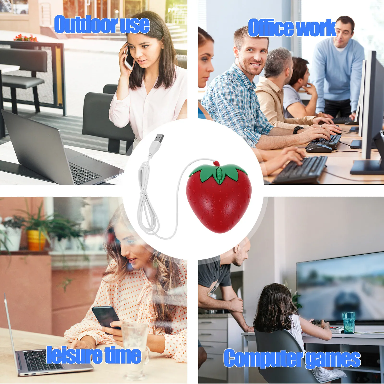 Ergonomic USB Mouse Cute Pink Strawberry Design Laptop Portable Small Comfortable Operation Efficient Working Home Office