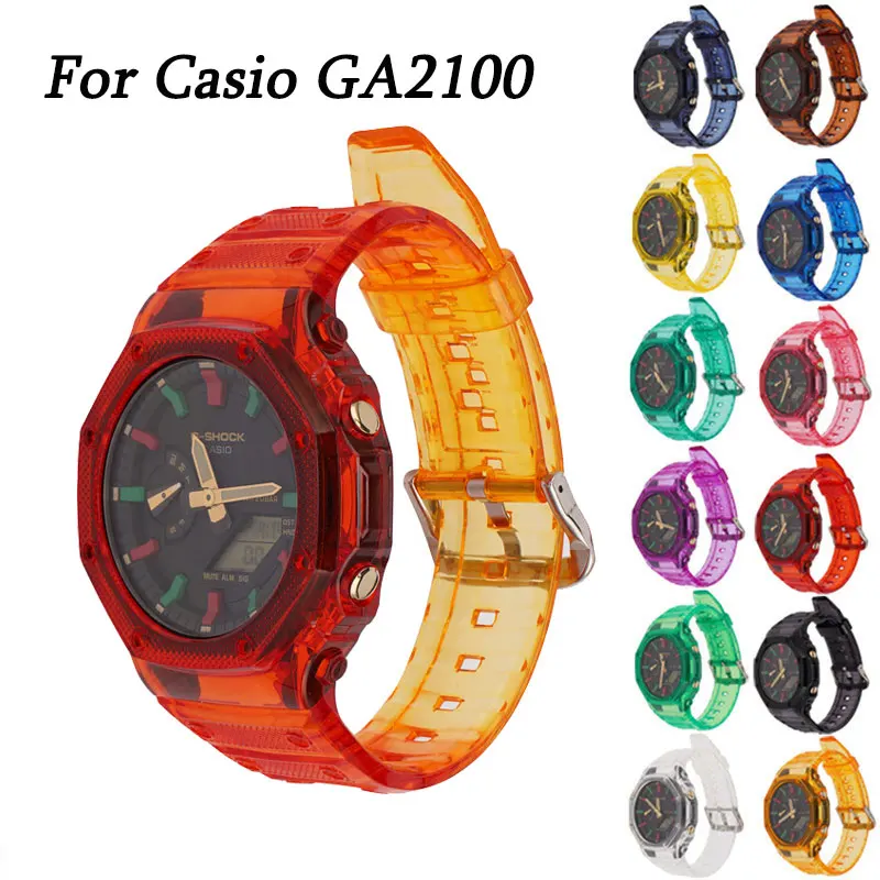 Transparent Resin Case+ Strap For Casio G-SHOCK GA-2100 Bracelet Replace Band Bezel Belt Gradient Rainbow Watchband 19 Colors