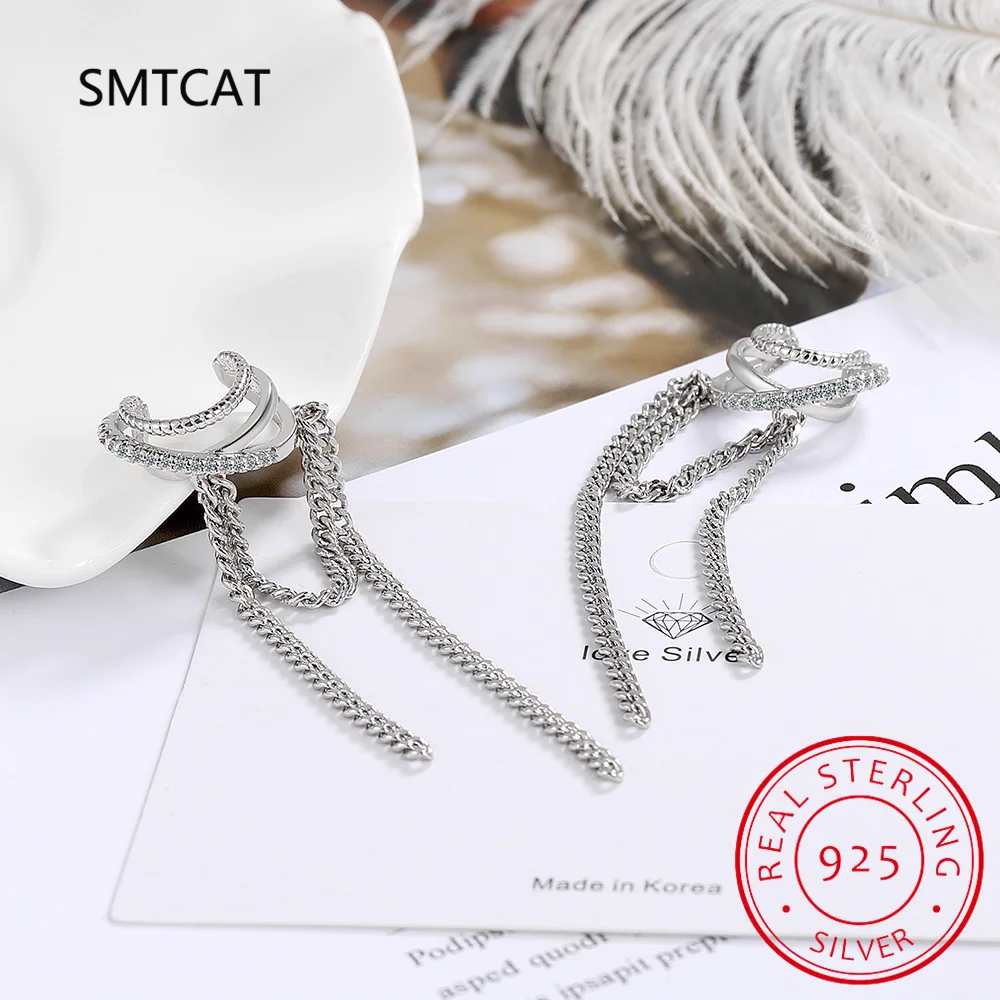 925 Sterling Silver Multilayer Cross Tassel Chain Ear Cuff Clip on Earrings For Women Girl Without Piercing Earings Jewelry