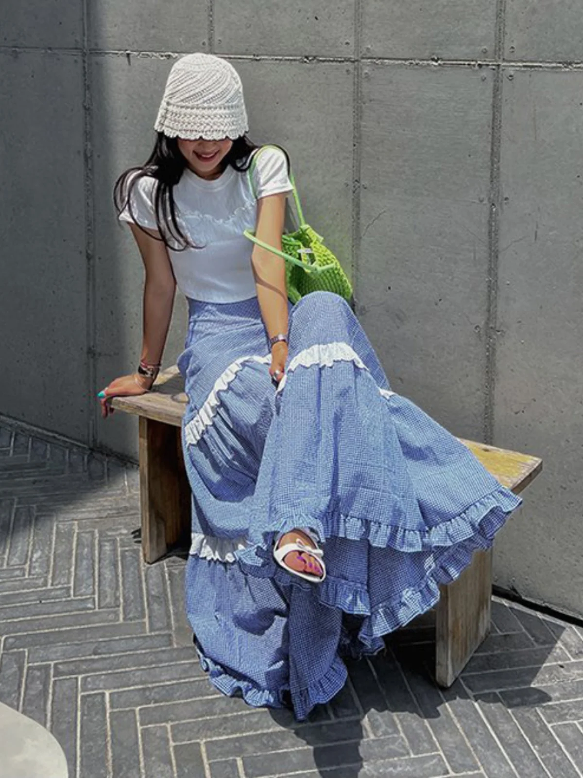 

Юбка миди А-силуэта с высокой талией, в клетку, с кружевной отделкой, винтажная, женская, из смесового хлопка, в корейском стиле