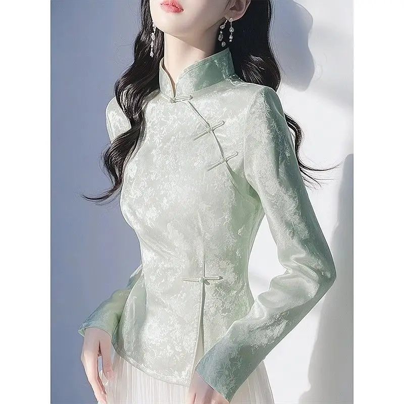 

Women's Early Spring Retro Collar Waist-Cutting Top New Chinese Style Women's Clothing National Style Green Jacquard Satin Shirt