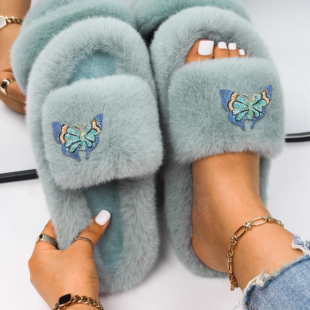 Furry Slippers Women Sandals Faux Fur Slides Platform Flip Flops Blue Butterfly Decor Fluffy Slippers Female Designer Shoes 2022