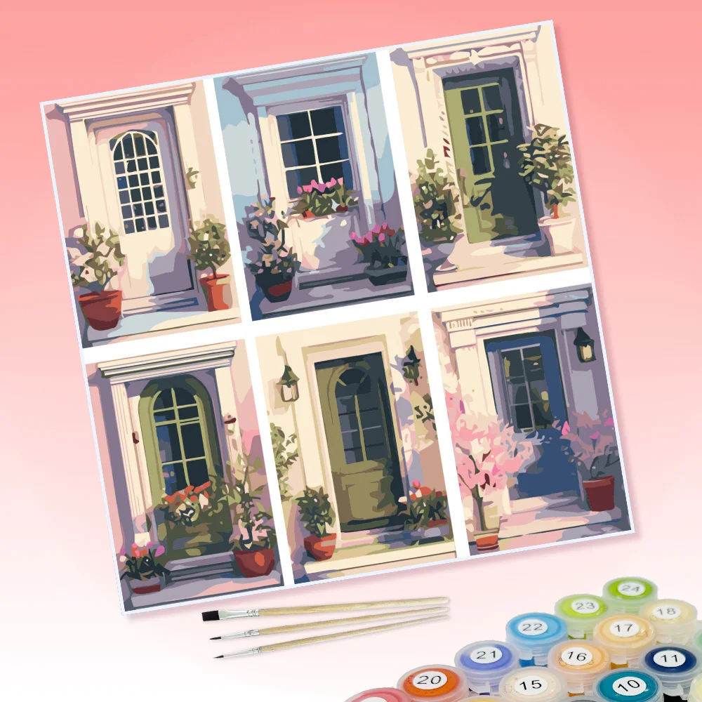 25/5000 6 Stücke DIY-Malereien mit blühenden Blumen vor den Frühlingshäusern, geeignet für die Wanddekoration zu Hause. – Detail 1