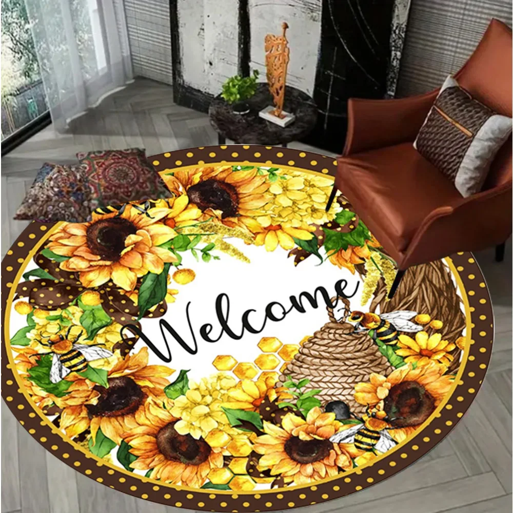 

Sunflower Bee Round Carpet Mat Rug - "Welcome Hello" Floral Print Non-Slip Floor Decor for Living Room Home Decoration