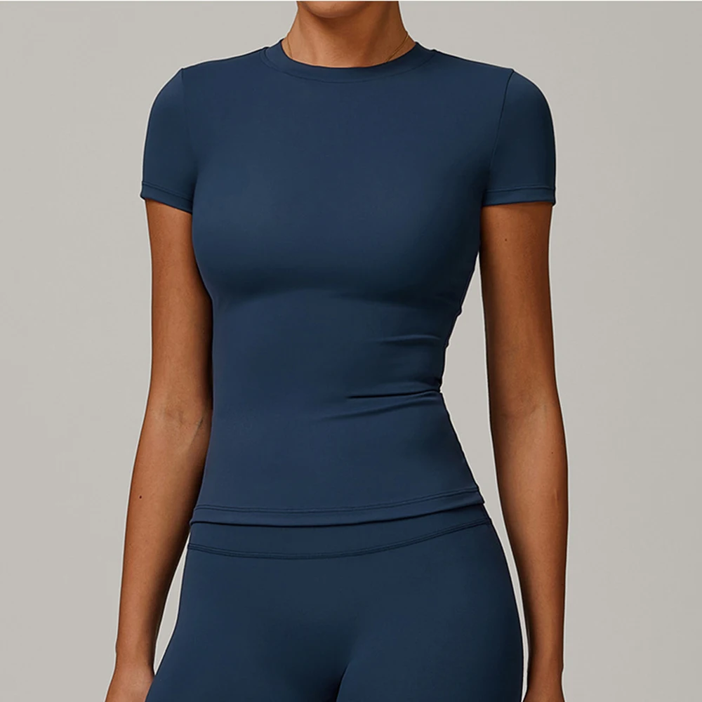 JUREN Women's Tight Fitting Sports T-shirt Quick Drying Short Sleeved Yoga T-shirt Pilates Running Workout Fitness Short Sleeved