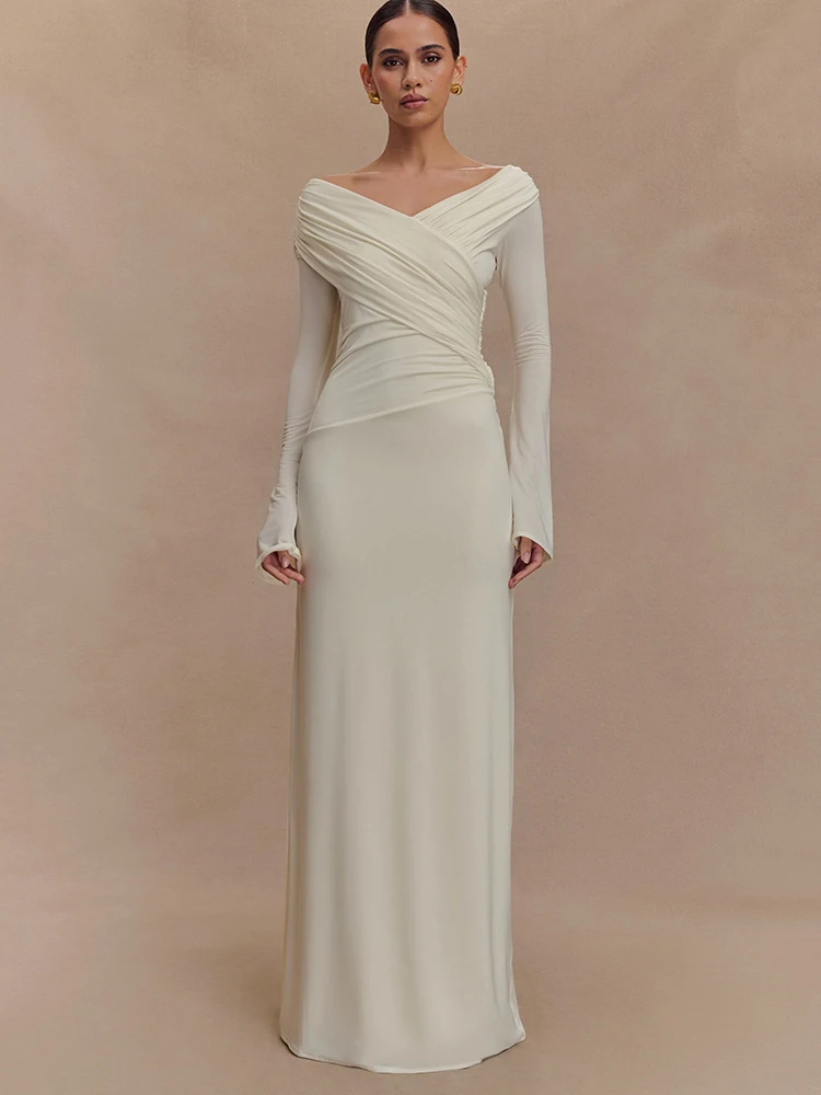 

Oniflyme Sexy V Neck Slim Maxi Dress Women Autumn Long Sleeve Draped Ruched Bodycon Outfits Female Elegant Party Dresses Robes