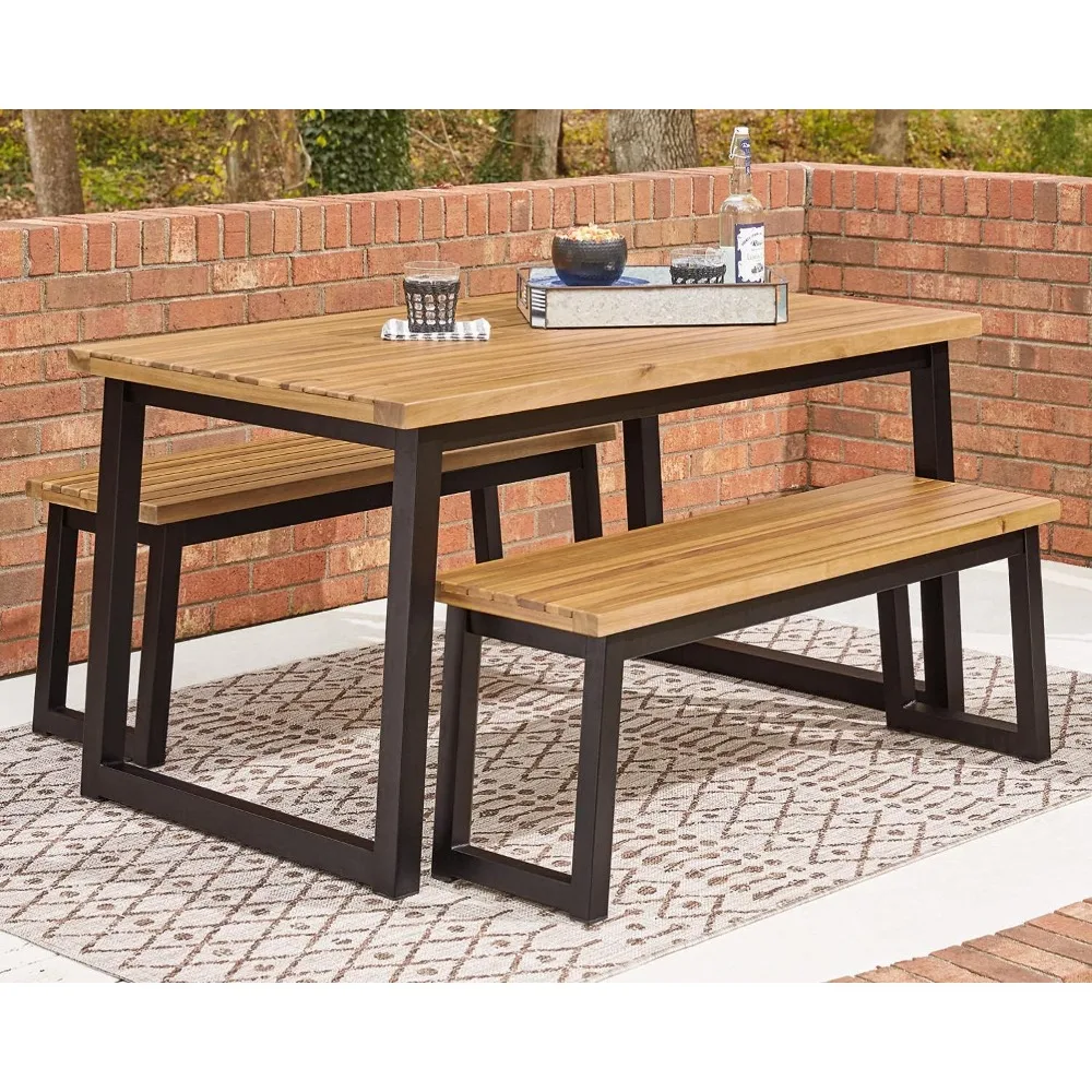 Town Wood Outdoor 3-Piece Patio Counter Table Set with 2 Benches, Brown & Black