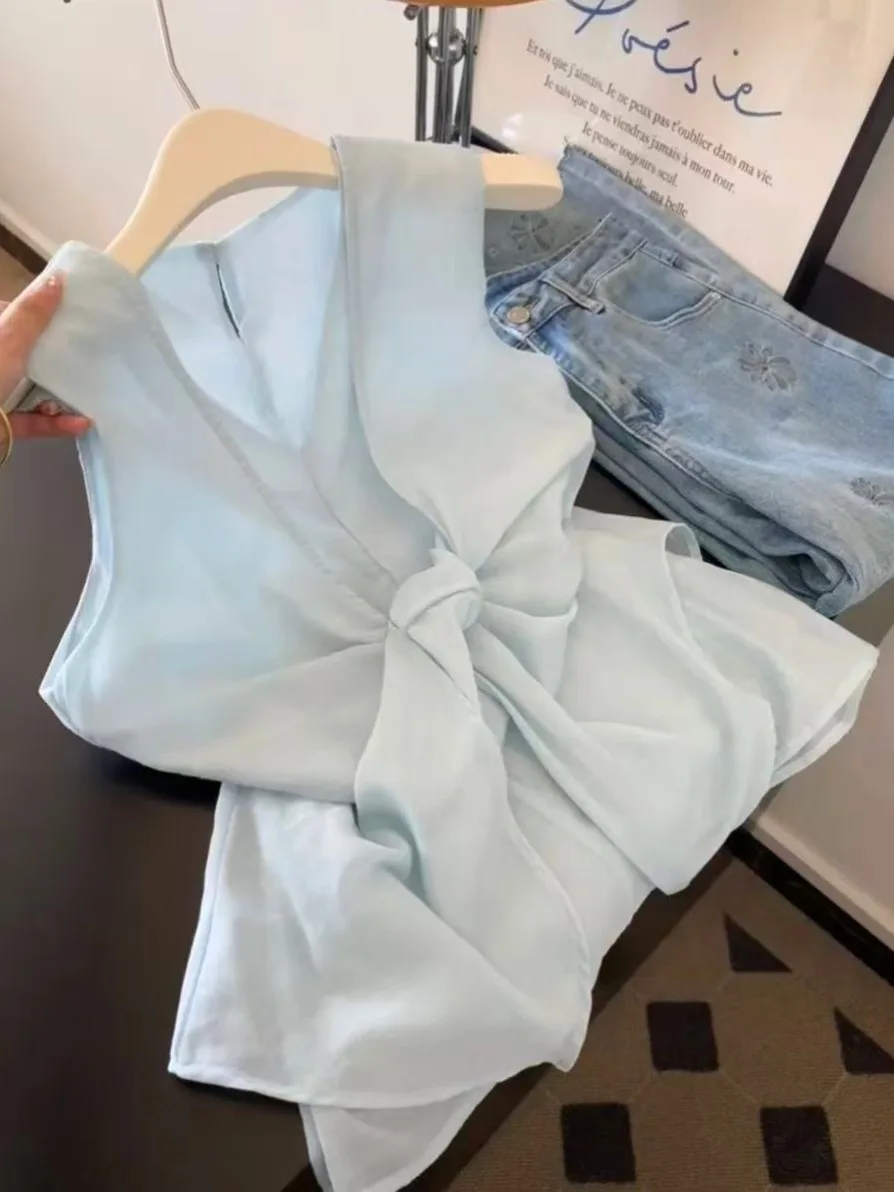 

Loose Blue V-Neck Sleeveless Shirt Women's Summer Outerwear Gentle Style Casual Breathable Thin Polyester Vest Top
