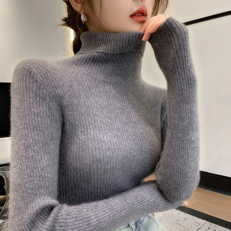 100% cashmere sweater women\'s knitted pullover sweater high neck solid color slim fit soft cashmere basic women\'s sweater