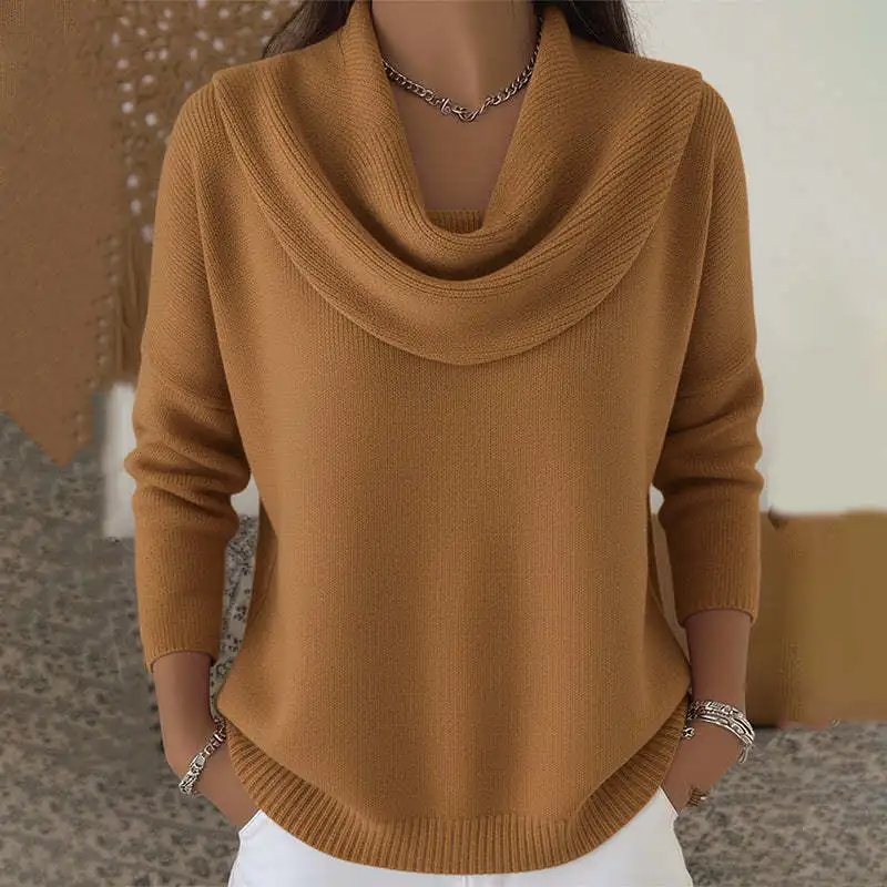 Women's New Draped Neck Pullover Sweater, Simple & Elegant Round Neck Knit Top, Suitable for Spring, Autumn and Winter