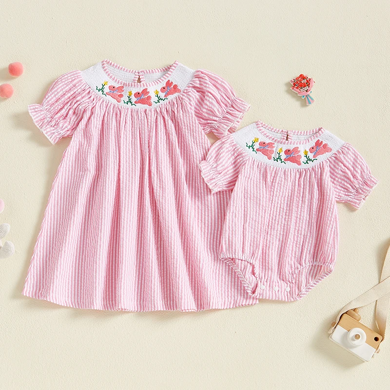 Little Sisters Matching Easter Outfits Short Puff Sleeve Stripes Print Smocked Bodysuit Baby Girl Dress Outfit