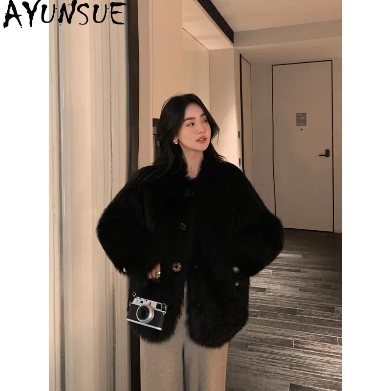 AYUNSUE Women's Tuscan Lamb Shearling Coats Fashion Casual Real Fur Jackets Korean O-neck Black Outerwears Woman Clothes Casaco