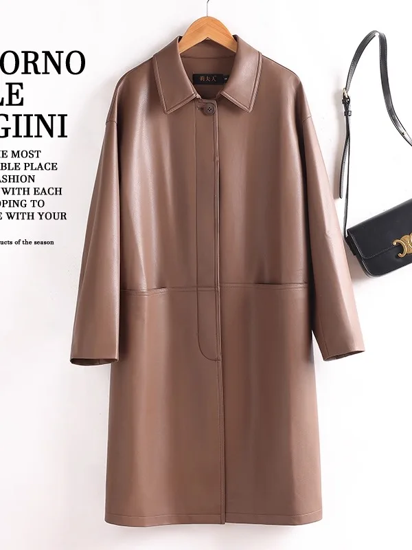 Bla eep Leather Jaet Women's Mid-Length Coat 2025 Spring Autumn New Sle Cool Windproof Long Sve  Collar