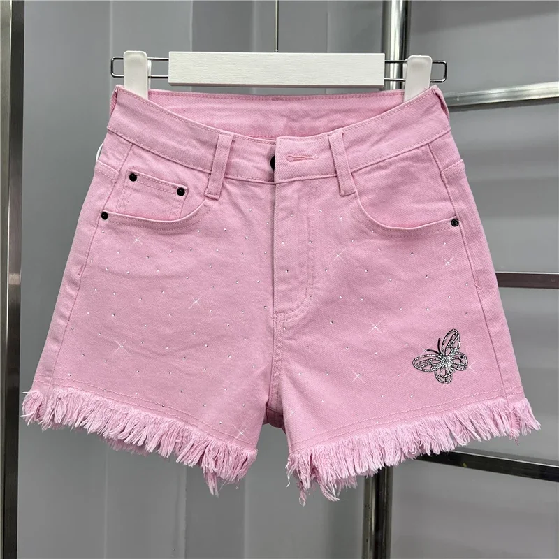 

Spice Girls Butterfly Hot Drilling Women Denim Shorts 2024 New Summer Loose Hot Shorts Women High Waist Tassel A-line Jeans