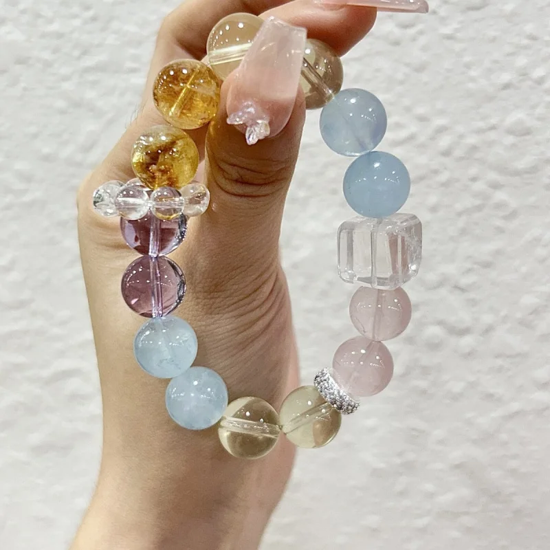 

Natural Quartz Aquamarine Bracelet Amethyst Yellow Tower Quartz White Phantom Cube Beaded Bracelet Jewelry