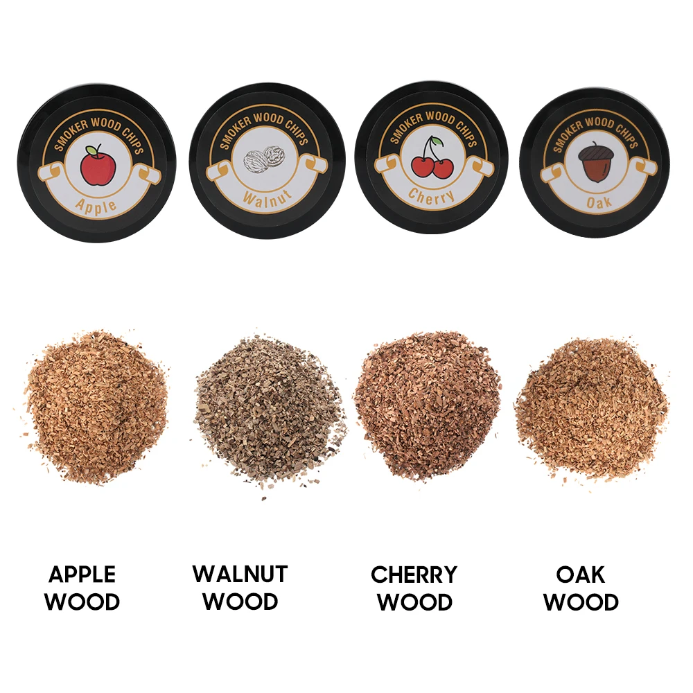 4 Jars Natural Wood Chips Set Smoke Flakes for Cocktail Smoker Grill Smoked Meat Bacon Fish Drinks Apple Cherry Oak Pecan