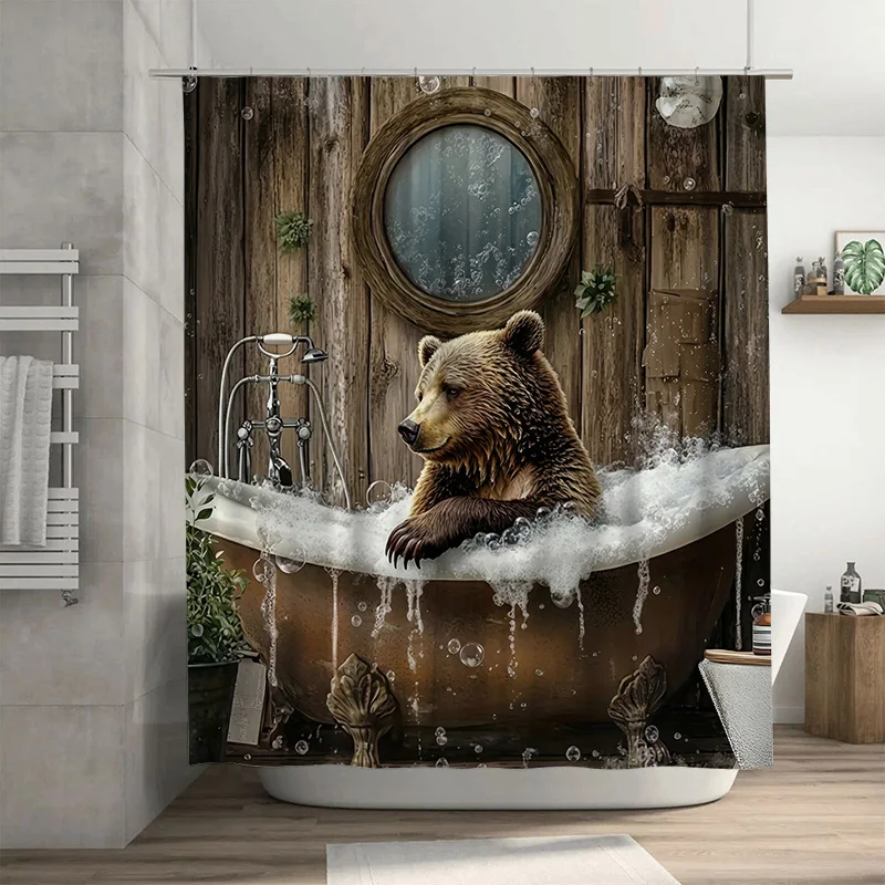 Funny Bear Taking Bath Shower Curtain Rustic Wood Grain Fabric Bathroom Decor with Hooks Cute Animal Art Bath Curtain Decor
