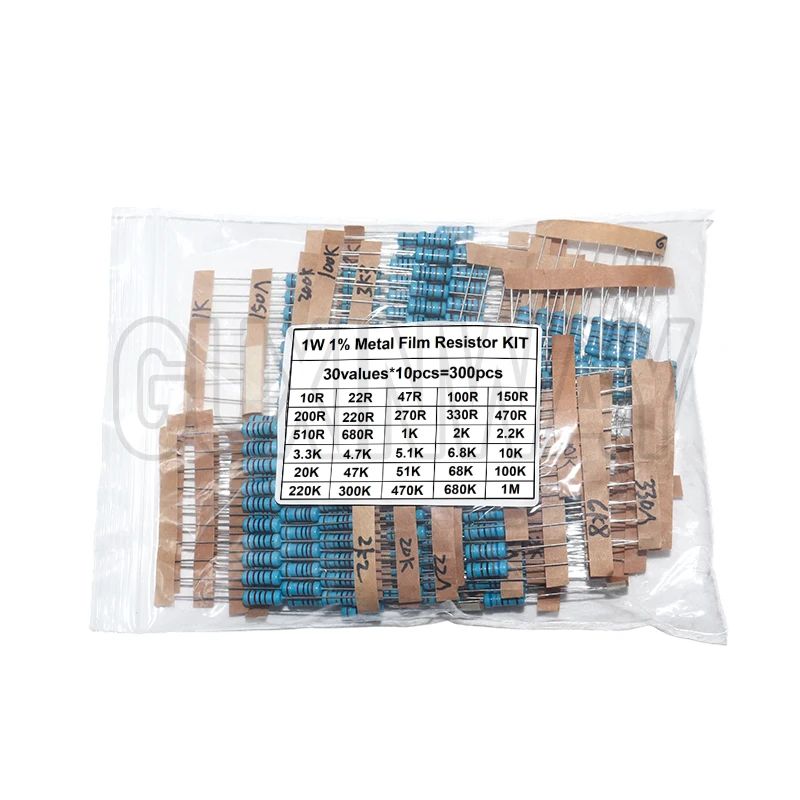 300 pièces 10R-1M Ohm 1/4W 1/2W 1W ensemble de résistance 1% Kit d'assortiment de résistances à Film métallique 30 sortes * 10 pièces = 300 pièces
