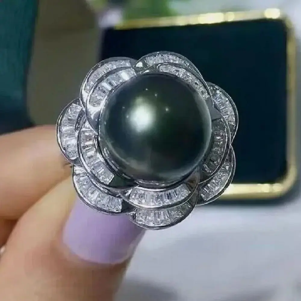 Pearl Ring 10-11m Natural  Amazing Tahiti Round Black Green 925s Freeshippings Items