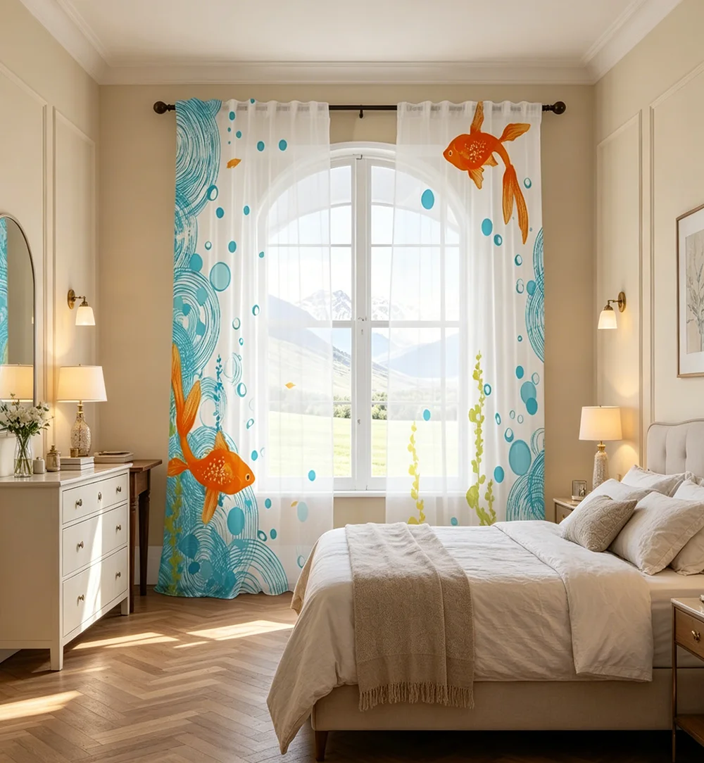 2PCS Digital Printing Sheer Curtain, Cute Cartoon Goldfish Underwater Pattern, Adorable Kids Children Nursery Room Decor