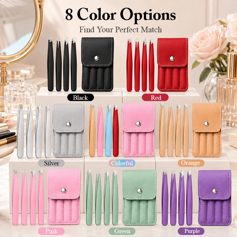 High Quality 4PCS Eyebrow Tweezers Set Stainless Steel Precision Hair Removal Tweezers with Portable PU Storage Case Makeup Tool