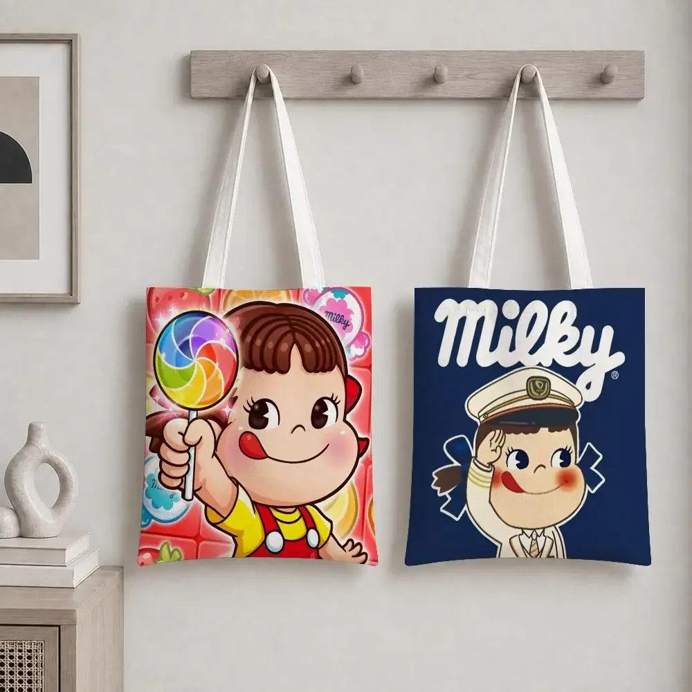 F-Fujiya M-Milky Peko Storage Bags Canvas Tote Bag Double-Sided Print Fashion Shoulder Shopping Bag Gift Handbags