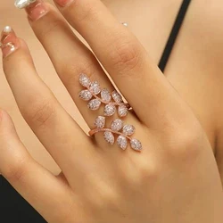 Huitan Rose Gold Color Leaf Shaped Resizable Opening Rings for Women Temperament Elegant Female Ring Wedding Party Trend Jewelry