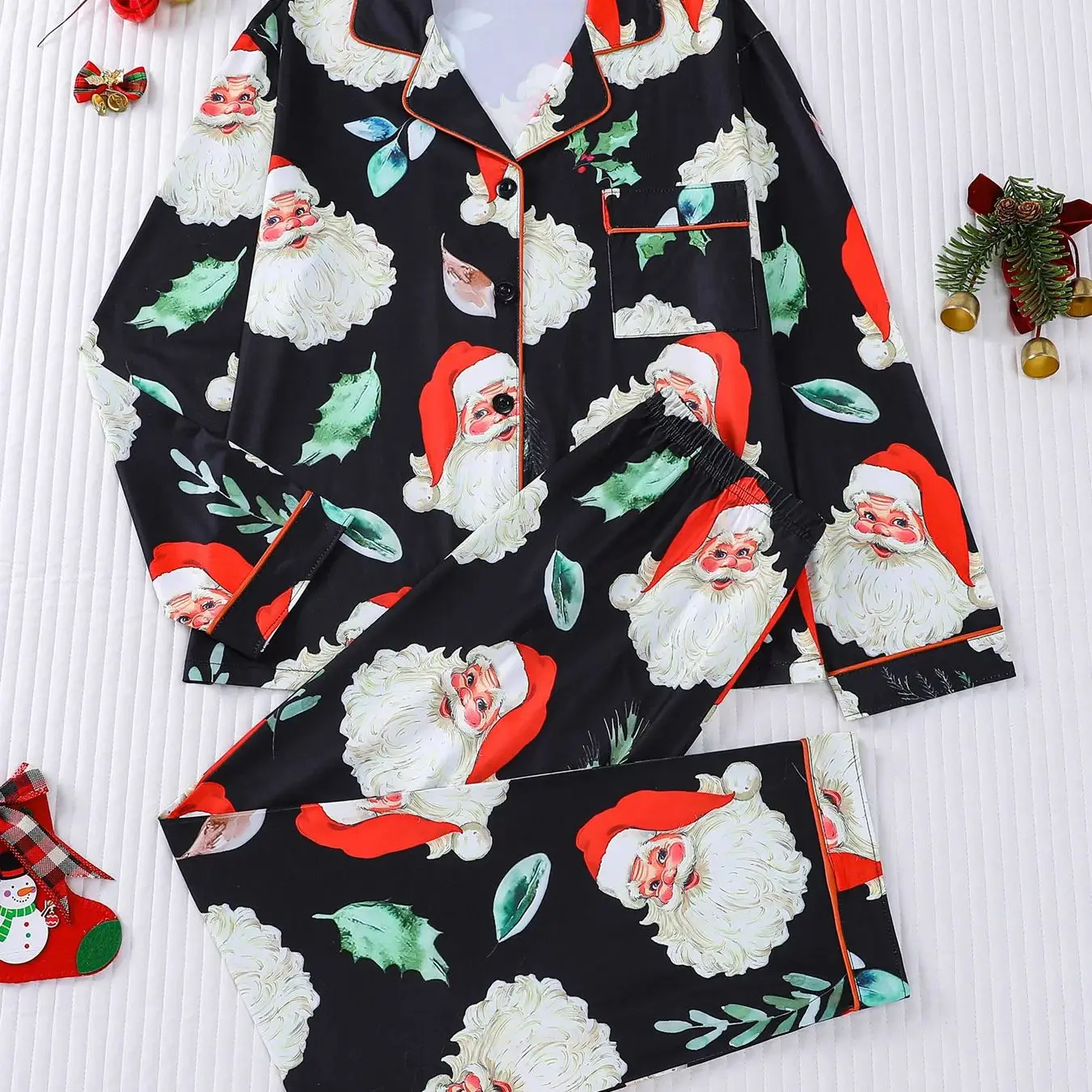 

Комплект домашней одежды с рождественским принтом и контрастным кардиганом с отложным воротником, мягкий и удобный женский праздничный комплект для сна.