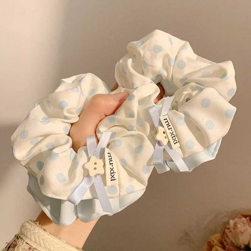 2pcs Korean Blue Polka Dots Scrunchies Large Intestine Headbands Women Luxury Hair Ropes Ties Lazy Style Hair Bundles Headwear