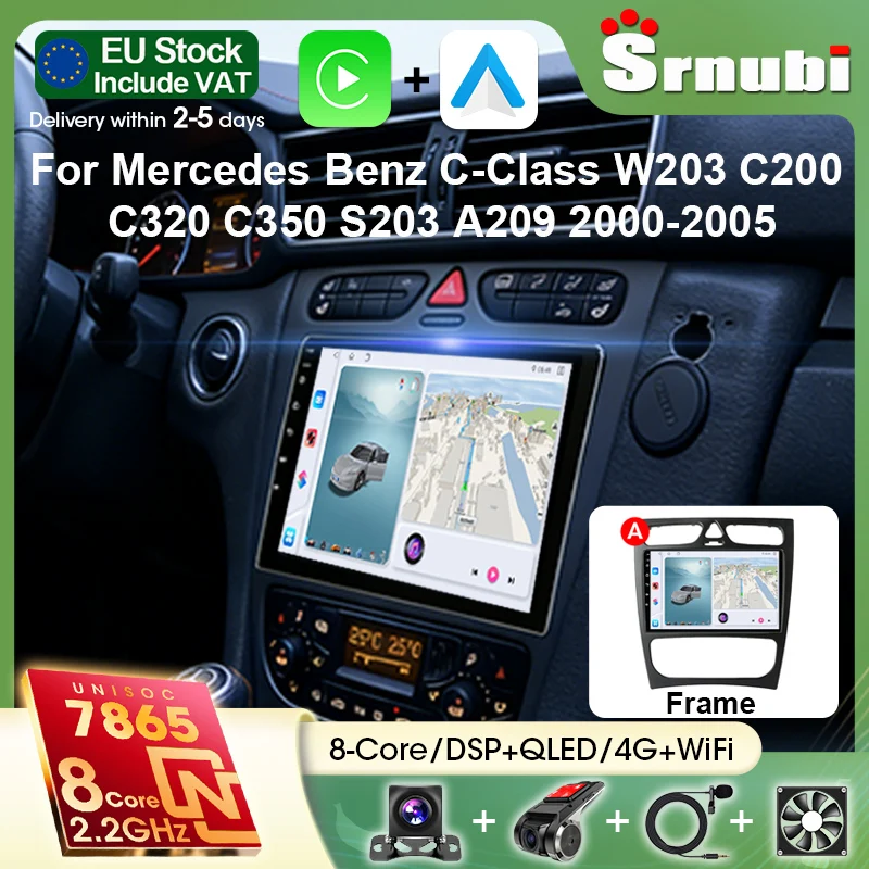 Srnubi pour Mercedes Benz Classe C W203 C200 C320 C350 S203 A209 2000-2005 2Din Autoradio Android14 Lecteur multimédia Carplay Android Auto Support Commande au volant