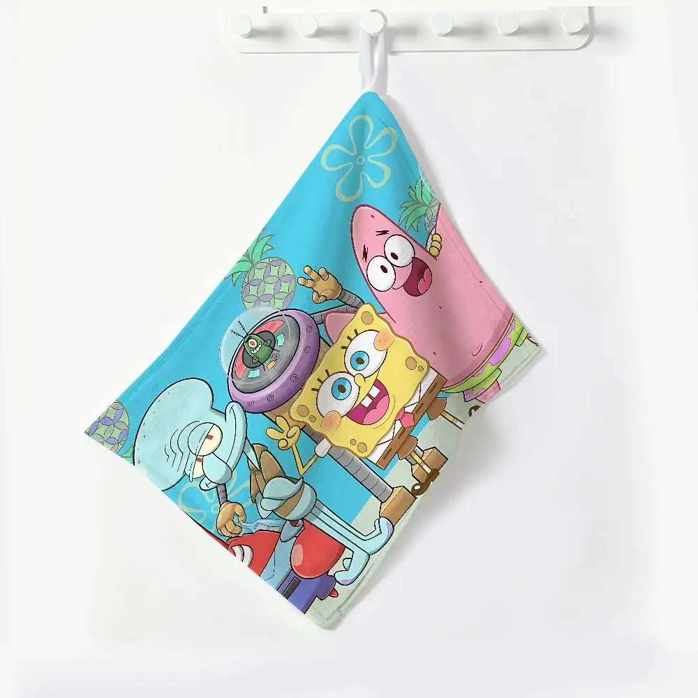 Anime S-SpongeBob Polyester Cotton Hanging Kitchen Towel, Skin Friendly Hand Wiping Towel for Hotel Cafe Household