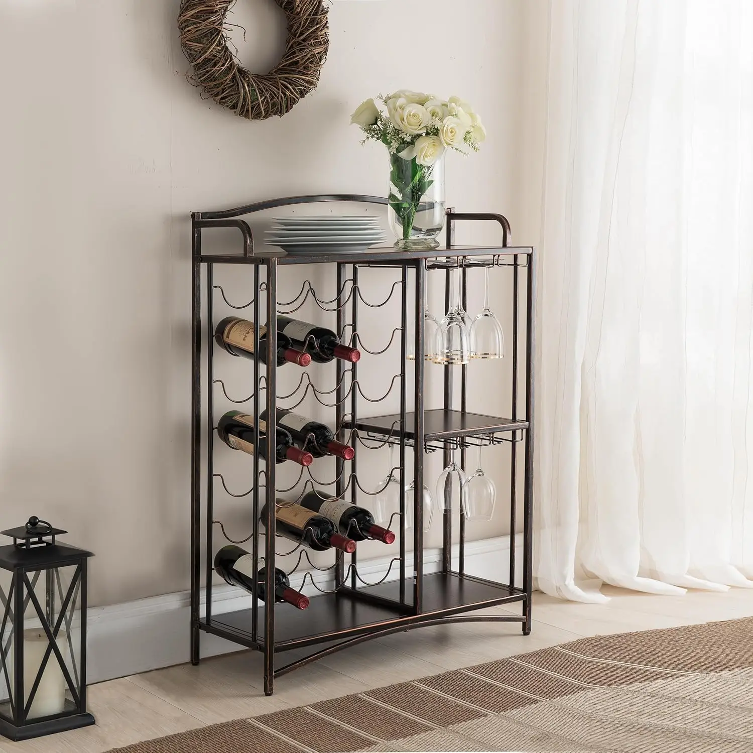 

Athelstan Ra Table Bar Cabinet Shelves, Liquor Wine Storage Stand With Glass Holder-Holds 21 Bottles, Small, Brushed Copper