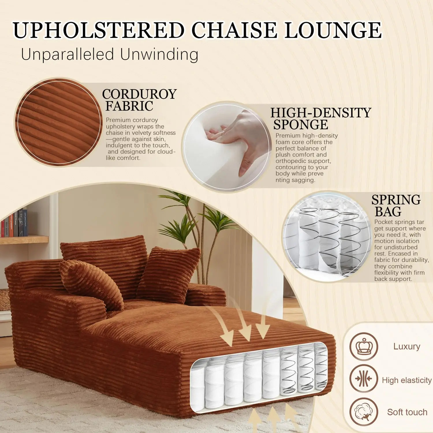 80 Inch Oversized Chaise Lounge Indoor, Corduroy Sofa Bed with Spring Cushion, Deep Seat Lounger for Living Room, Customized