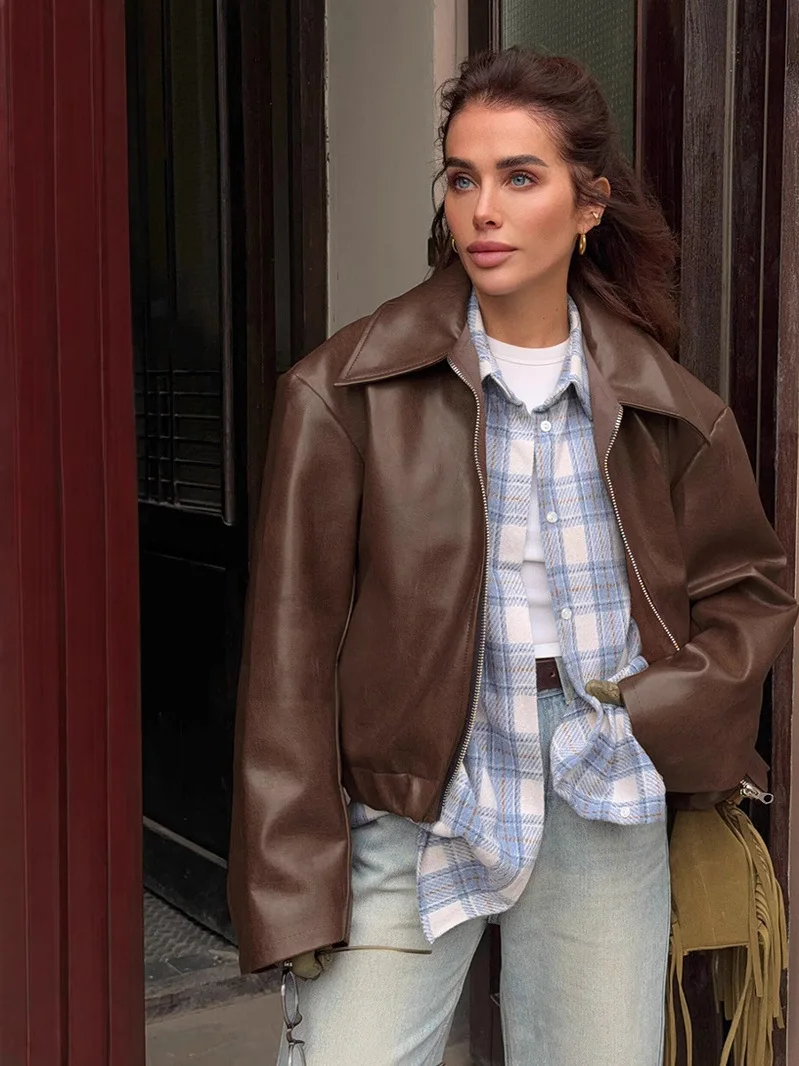 Retro Motorcycle Sle Wine Red Leather Jaet Women's ort Outerwear Zipper Design Loose Fit Long Sve Busin Casual