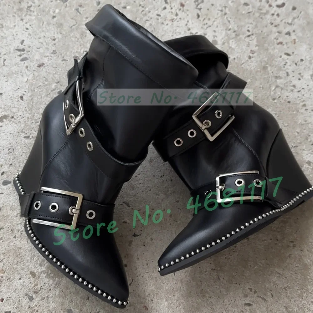 Belt Buckles Wedge Ankle Boots Women Sexy Splicing Leather Pointy Toe Big Size Shoes Slouchy New Luxury Black Rivets Trim Boots